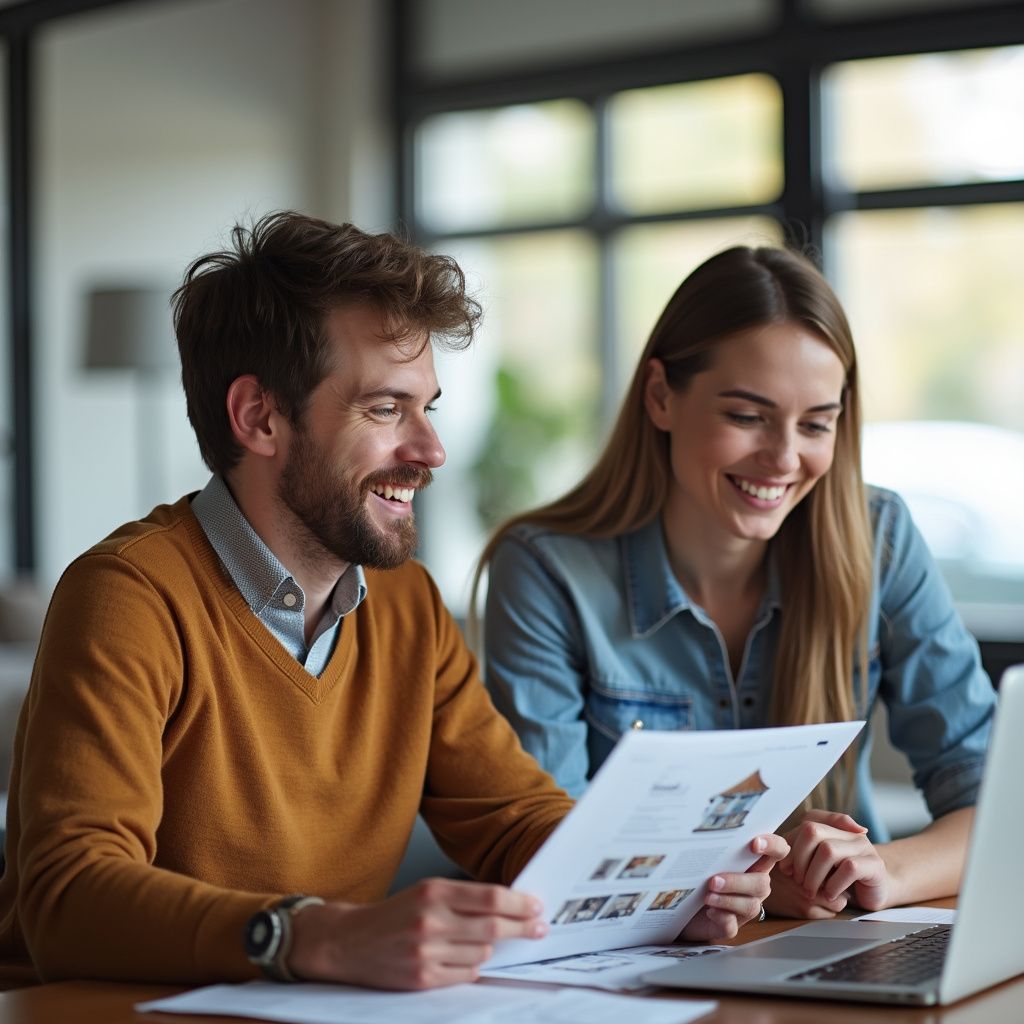 Man and woman smiling, looking at papers and laptop, indoors.