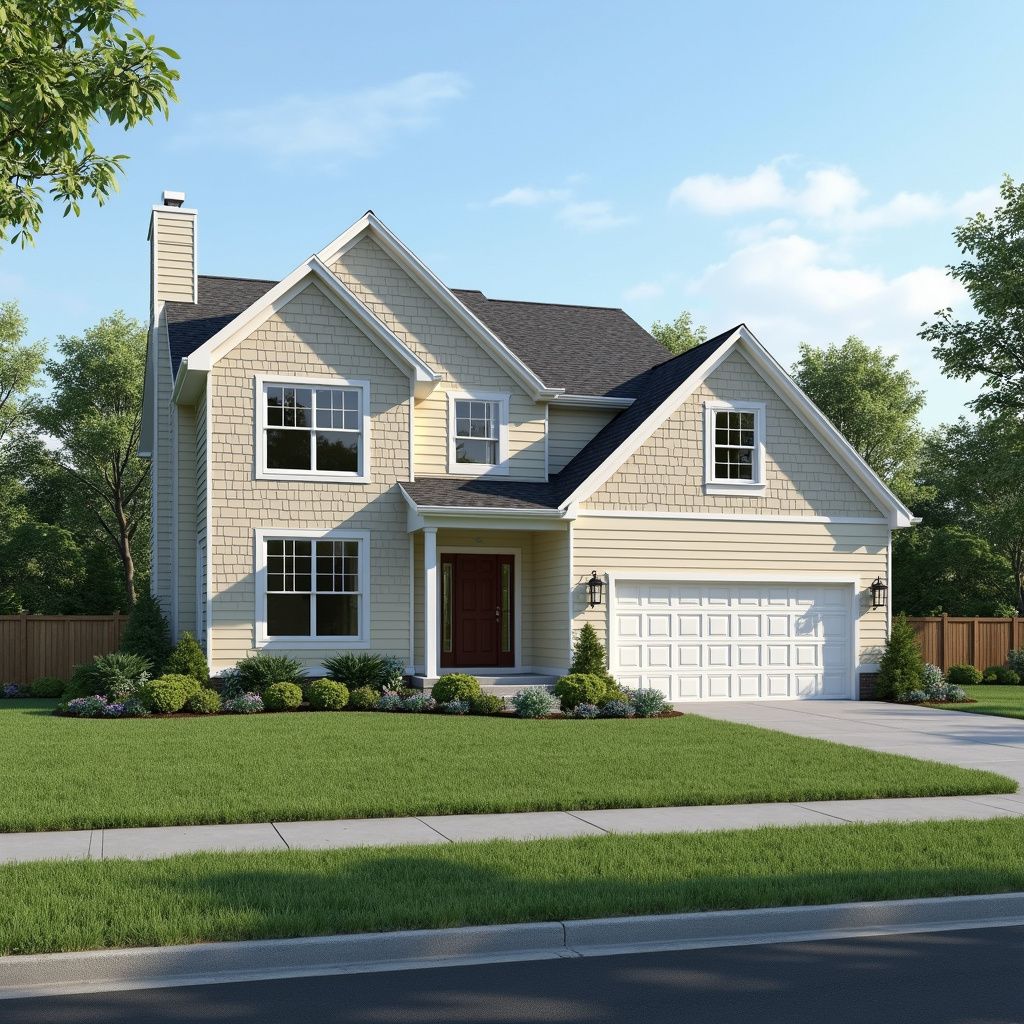 Two-story beige house with a dark gray roof, red front door, white garage door, and green lawn.