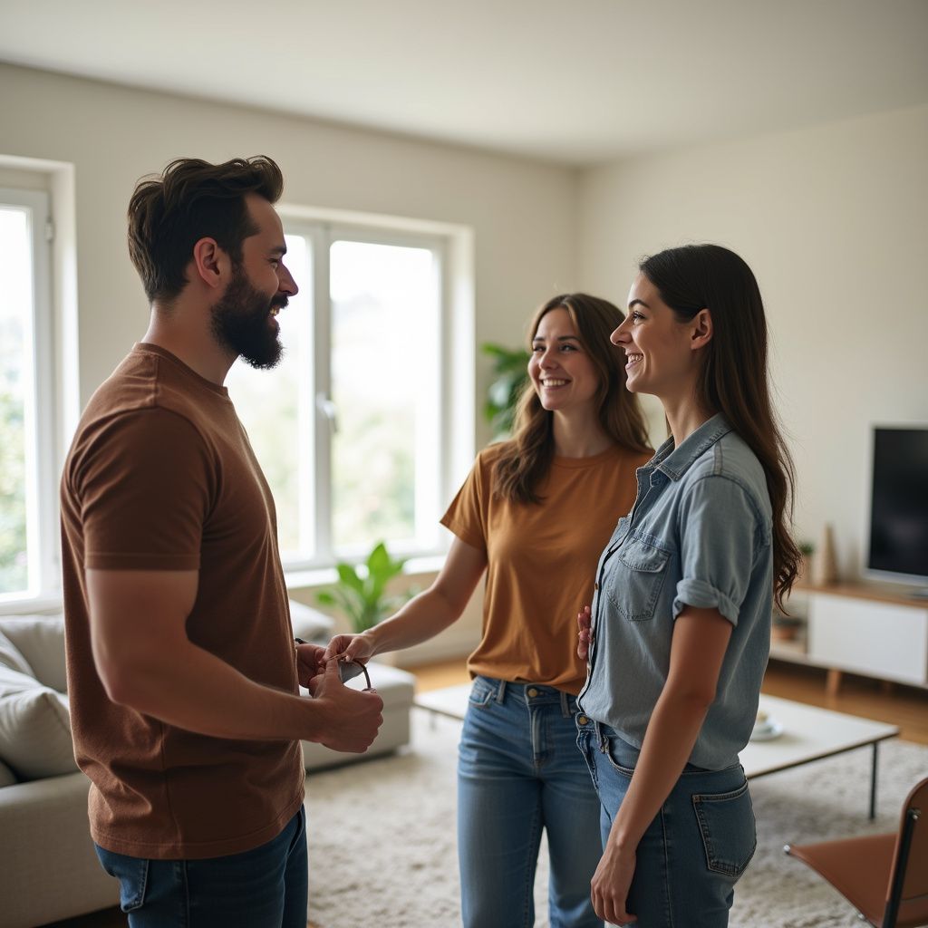 Three people conversing in a well-lit living room; two women, one man, smiling, windows, casual clothes.