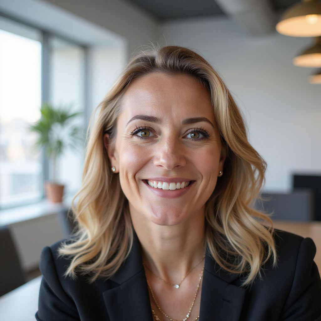 Woman with blonde hair smiles in a business setting, wearing a black blazer.