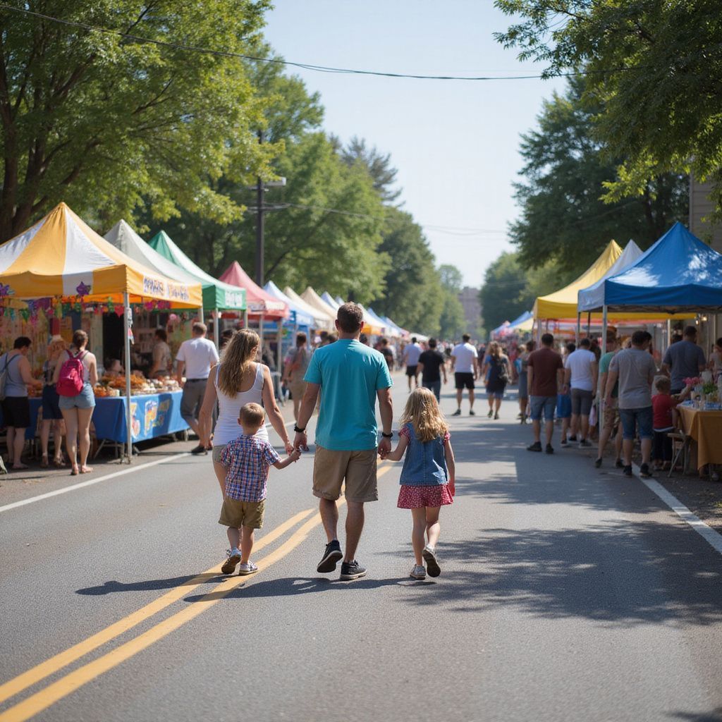 Family walking down a street lined with market stalls; sunny day.