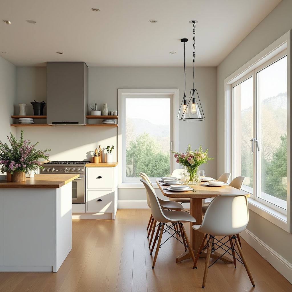Kitchen with dining area, light wood floors, white cabinets, and a wooden table. Windows provide natural light.