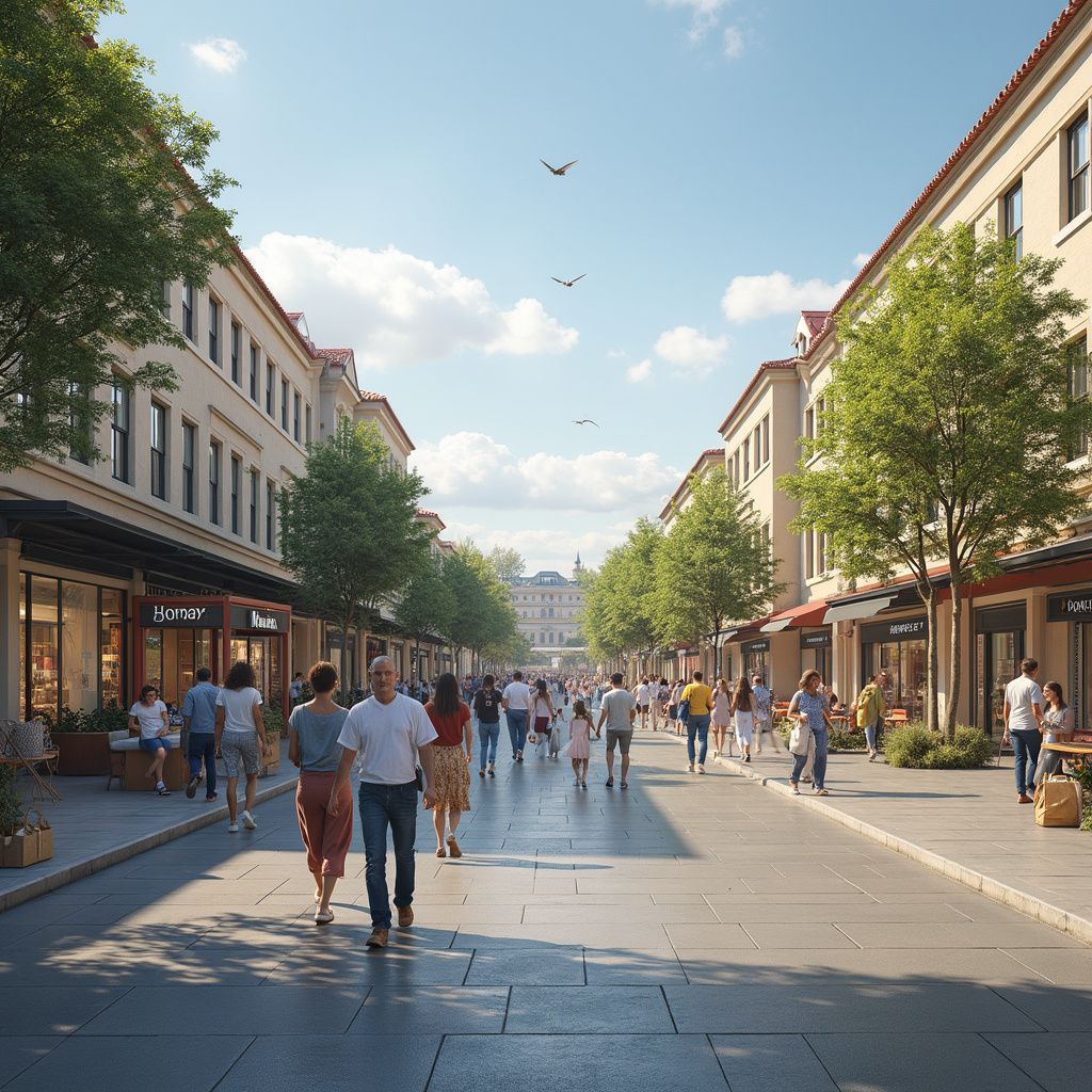 Pedestrian street with people walking by shops and trees under a blue sky.