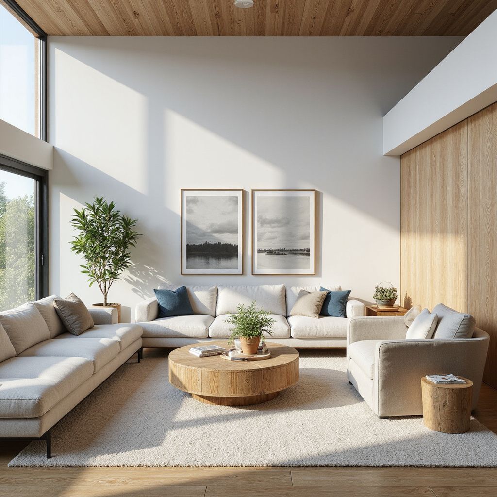 Modern living room with light-colored sofa, round coffee table, and wood paneling.