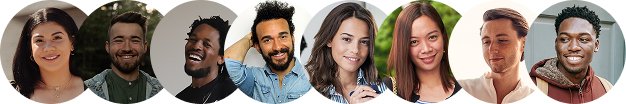 Portraits of multiple people in circles, smiling, some with dark skin, in front of various backgrounds.