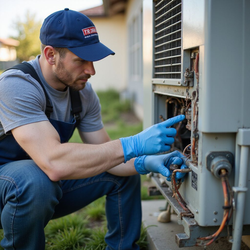 HVAC technician in blue gloves examines an air conditioning unit outdoors.