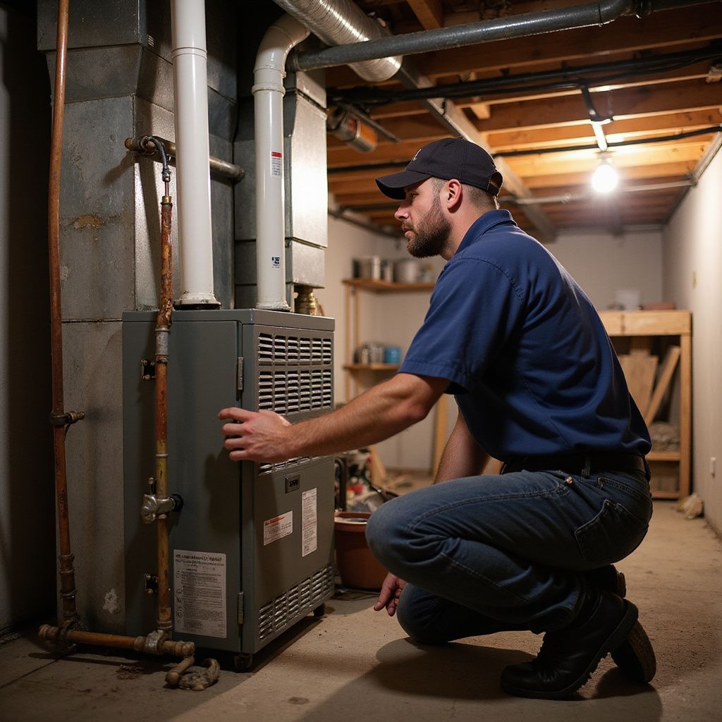 HVAC technician inspecting a furnace in a basement.