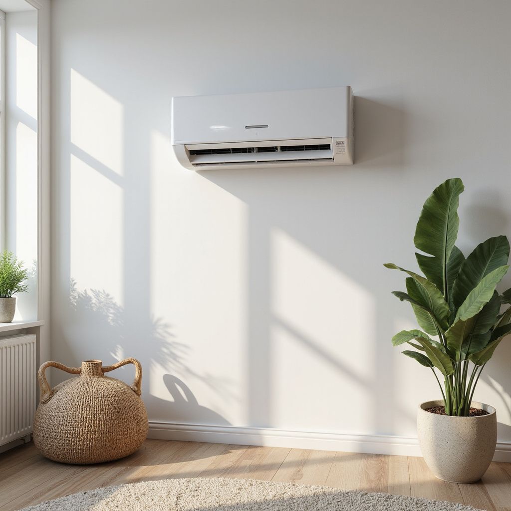 Air conditioning unit mounted on a white wall in a sunlit room. A large plant and basket sit nearby.