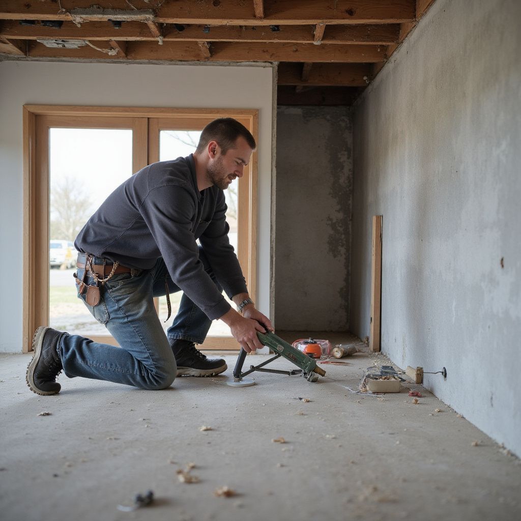 Man kneels, using a tool on a concrete floor in a construction setting.