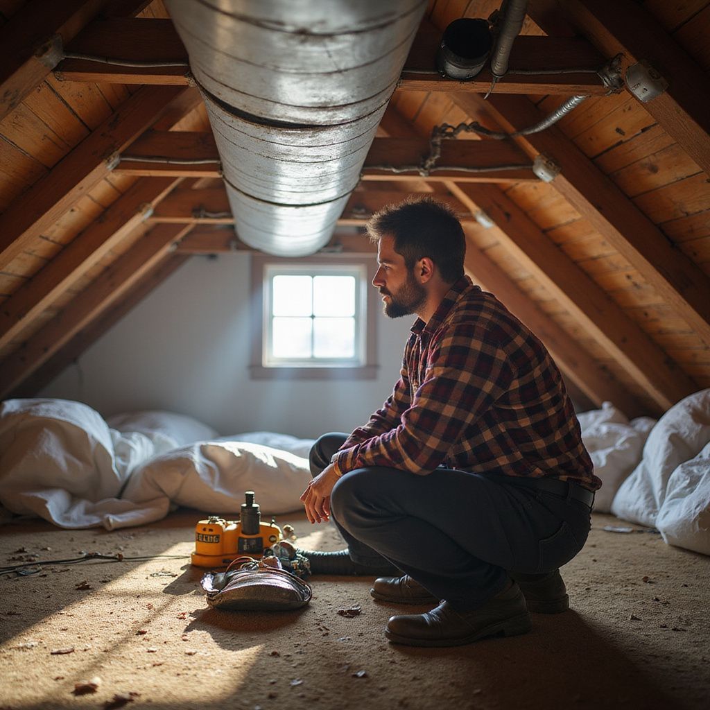Man squats in a dusty attic, looking at equipment near a window; overhead vent.