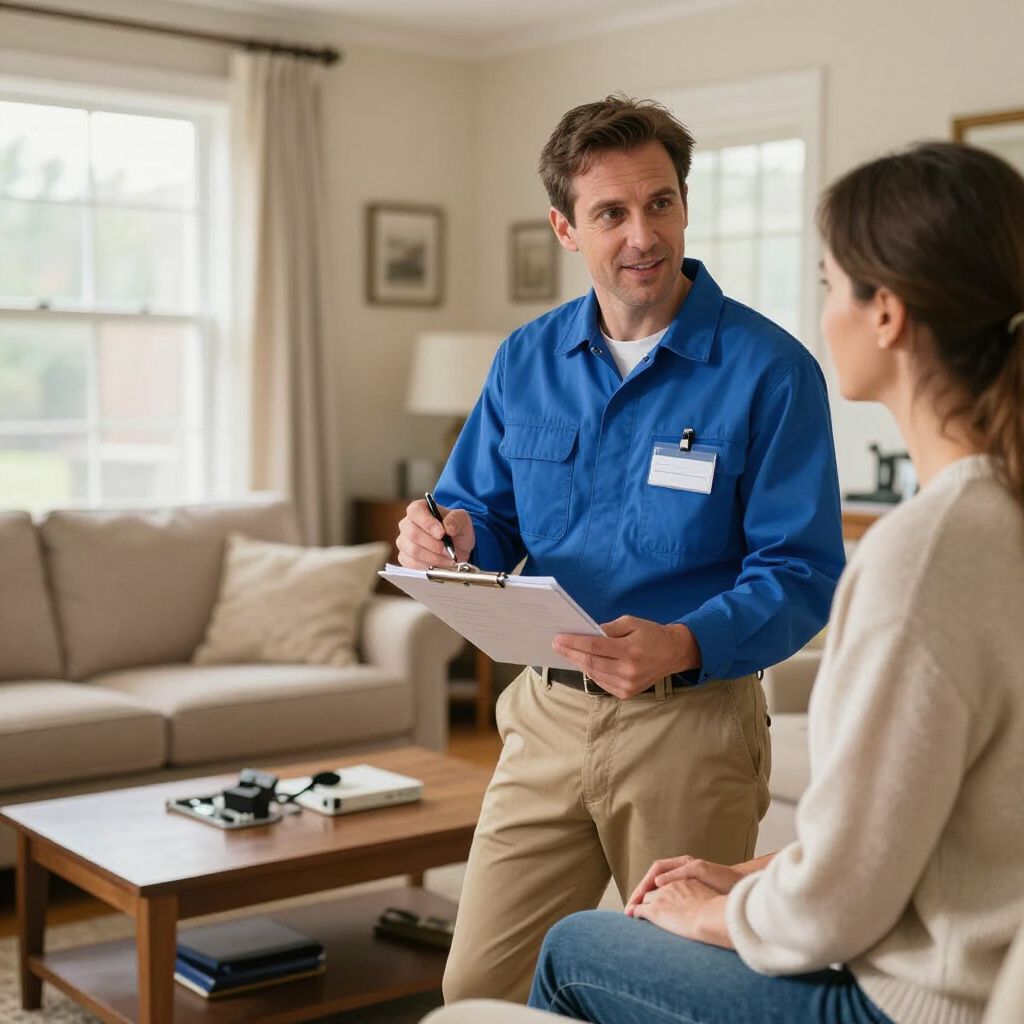 A repairman in a blue shirt and khakis talks to a woman in a living room; he holds a clipboard.