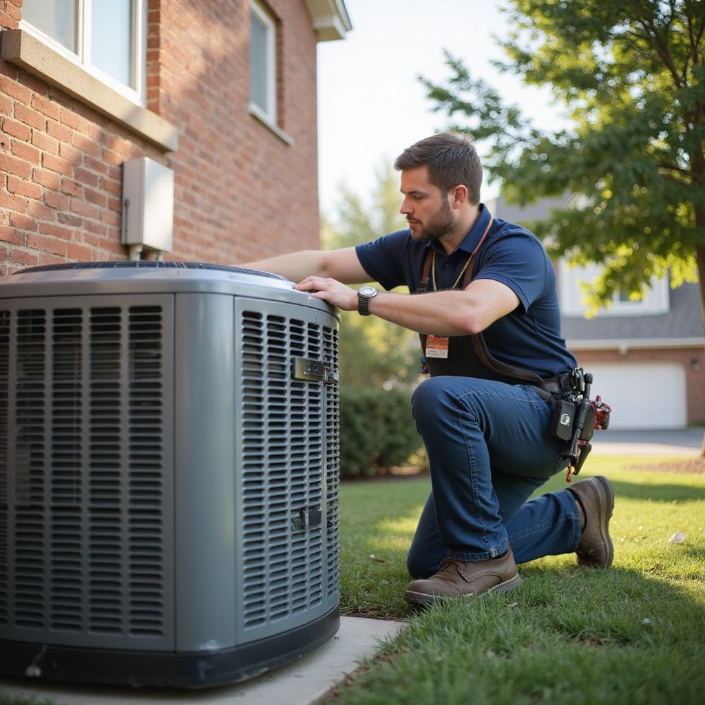 HVAC technician kneeling beside an air conditioner outside a brick house, inspecting it.