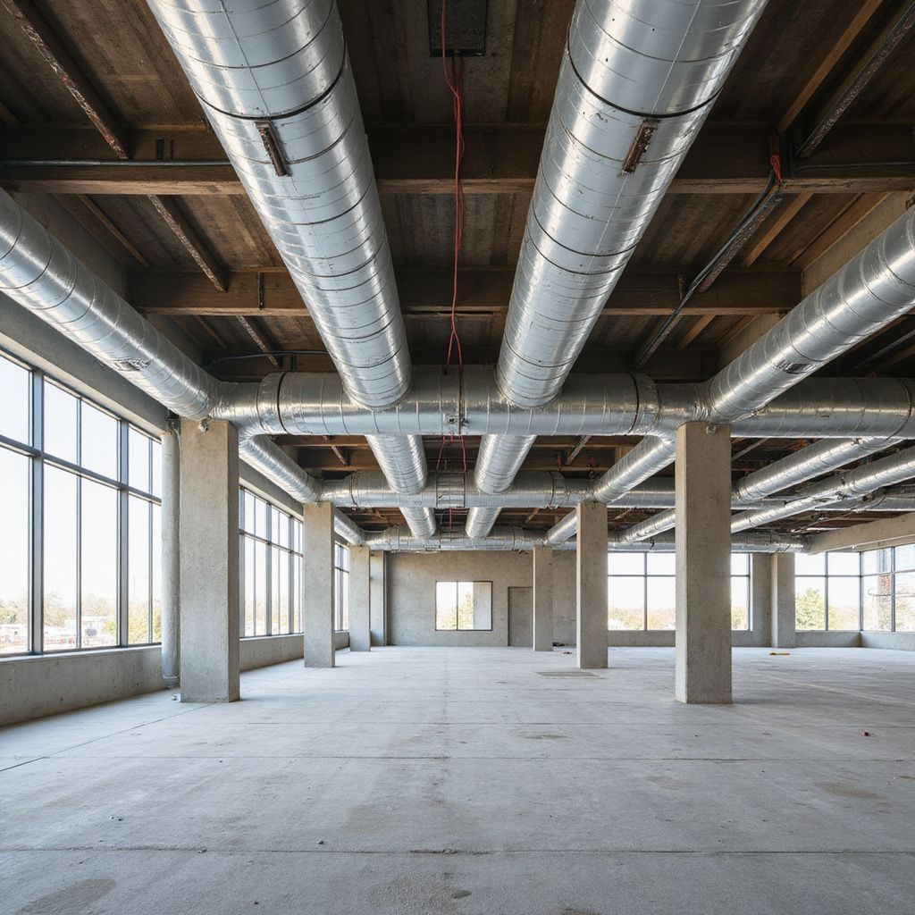 Empty industrial space with concrete columns, exposed ducts, and large windows.