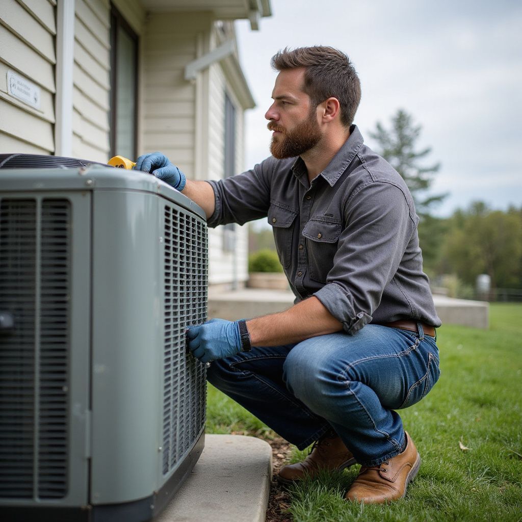 Man in gloves examining an air conditioning unit outside a house.
