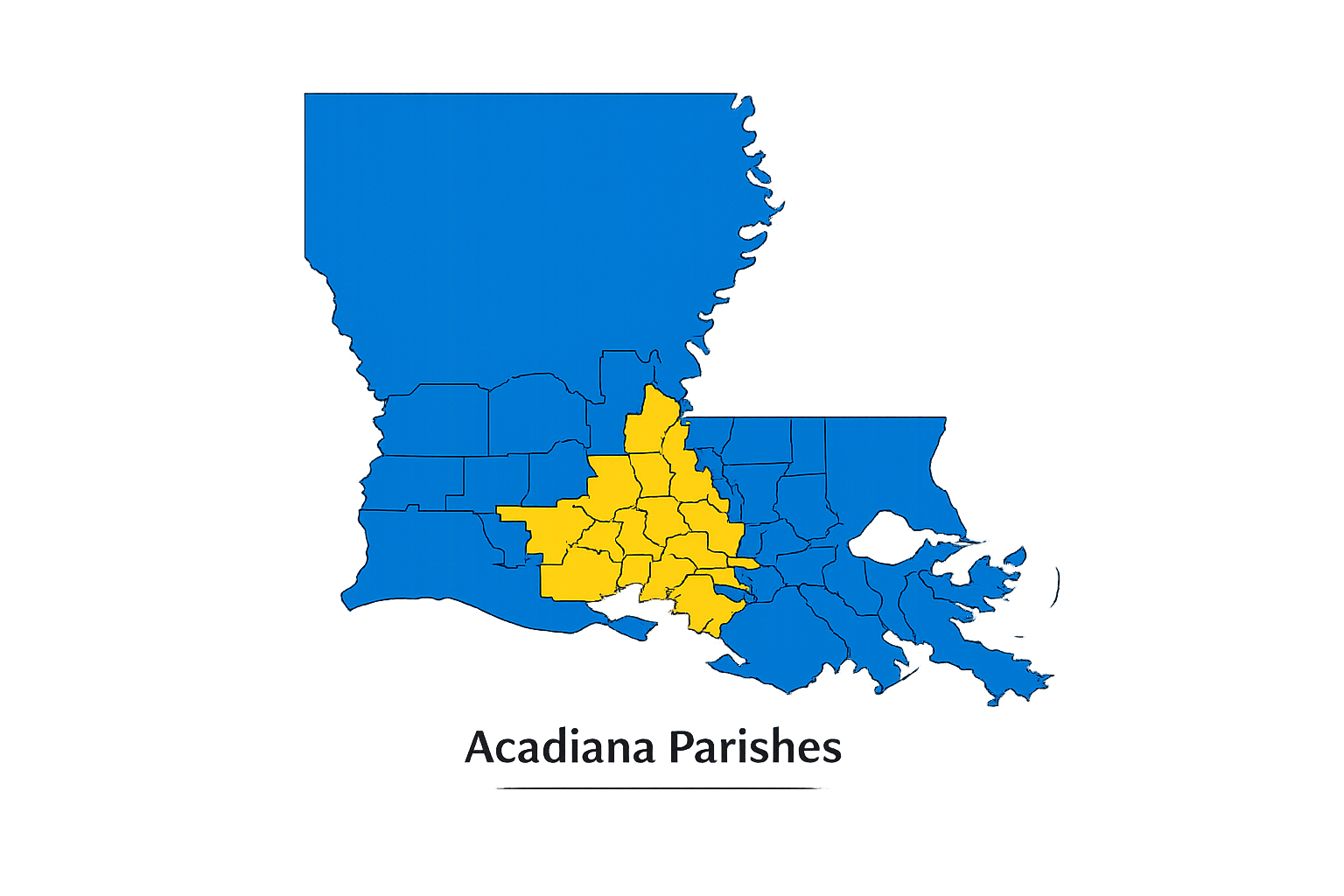 Map of Louisiana highlighting Acadiana Parishes in yellow against a blue background.