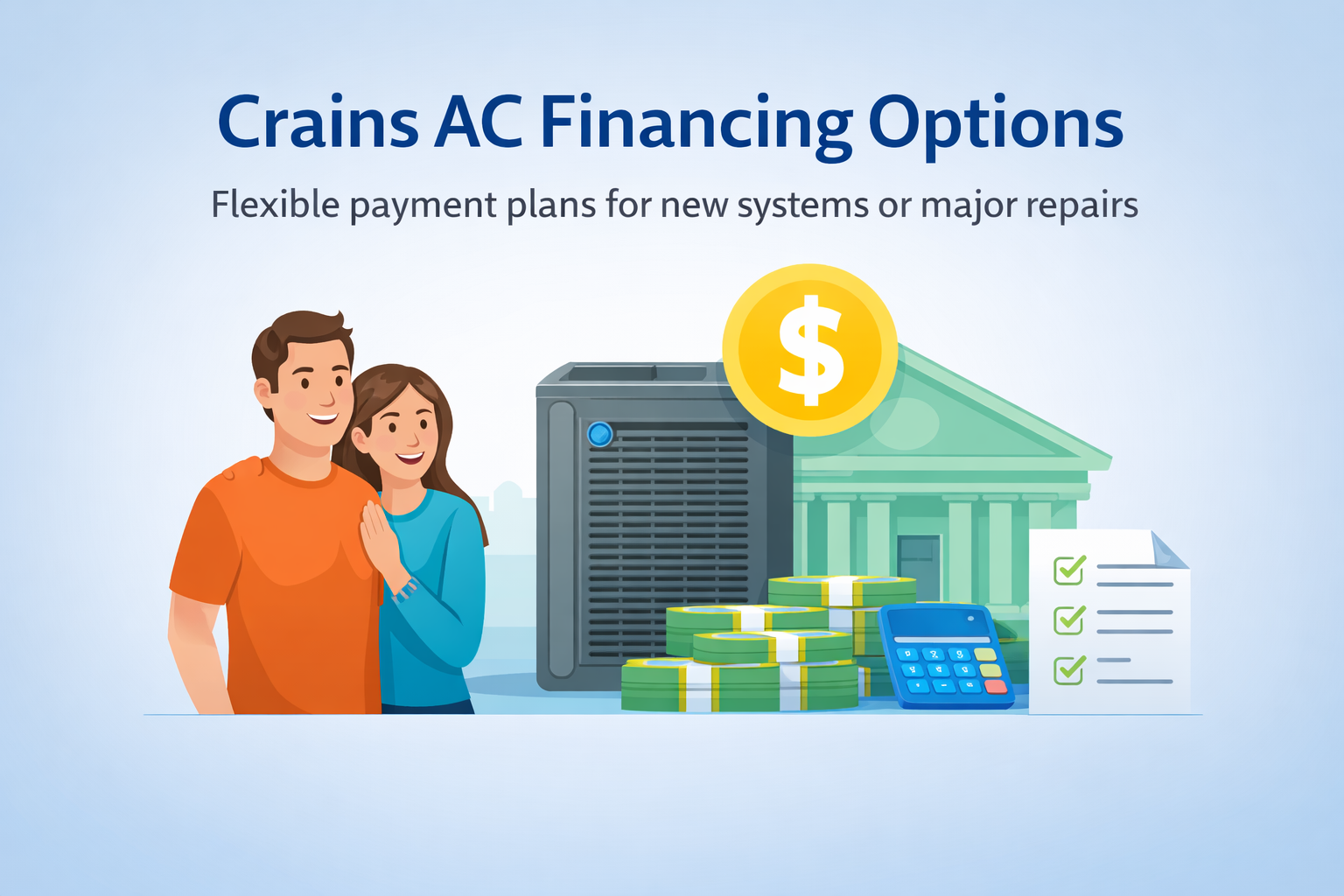 Crains AC Financing: Couple near AC unit, money, calculator, bank, and payment plan document, promoting flexible payment options.