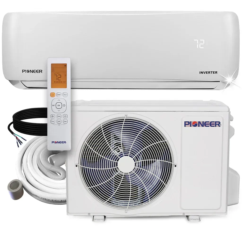 White Pioneer ductless mini-split air conditioner; indoor and outdoor units with remote.