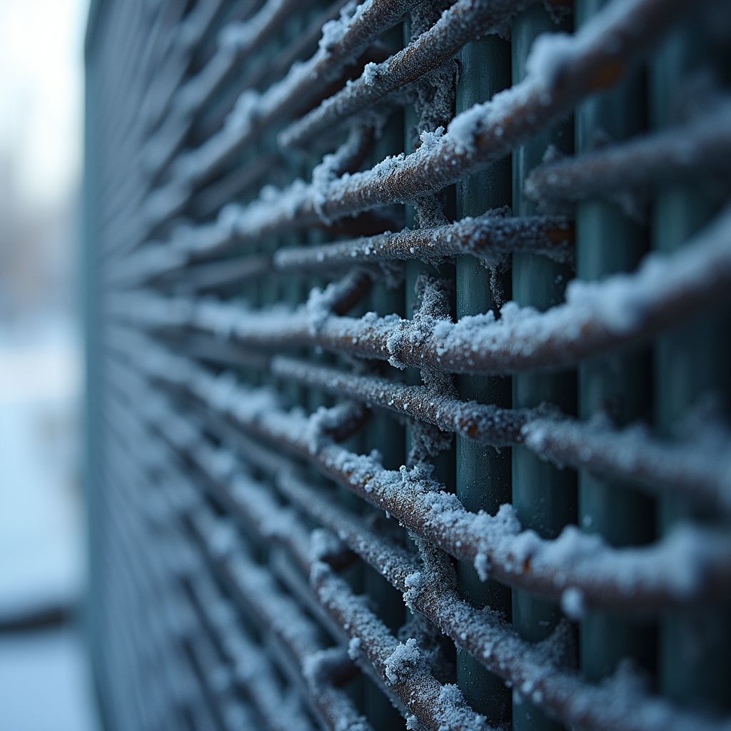 Frosty metal fence, close-up with a perspective view, cold, icy environment.