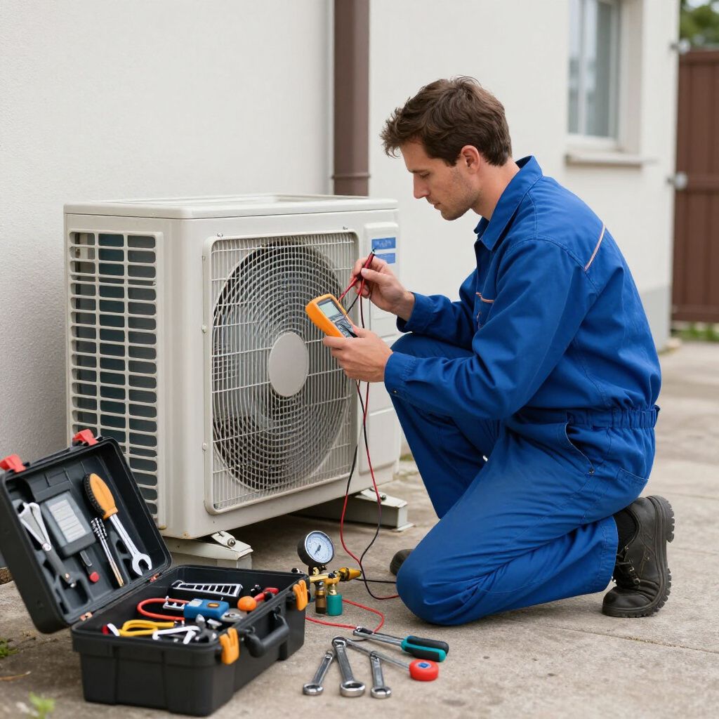 HVAC technician in blue overalls tests an outdoor air conditioner with a multimeter; tools are in a toolbox.