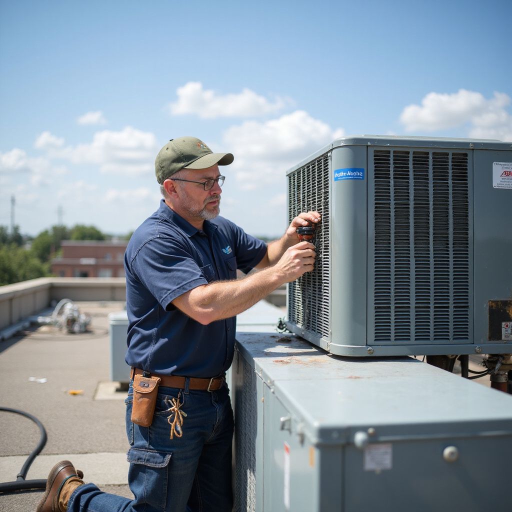 HVAC technician on a rooftop, inspecting an air conditioning unit under a sunny sky.