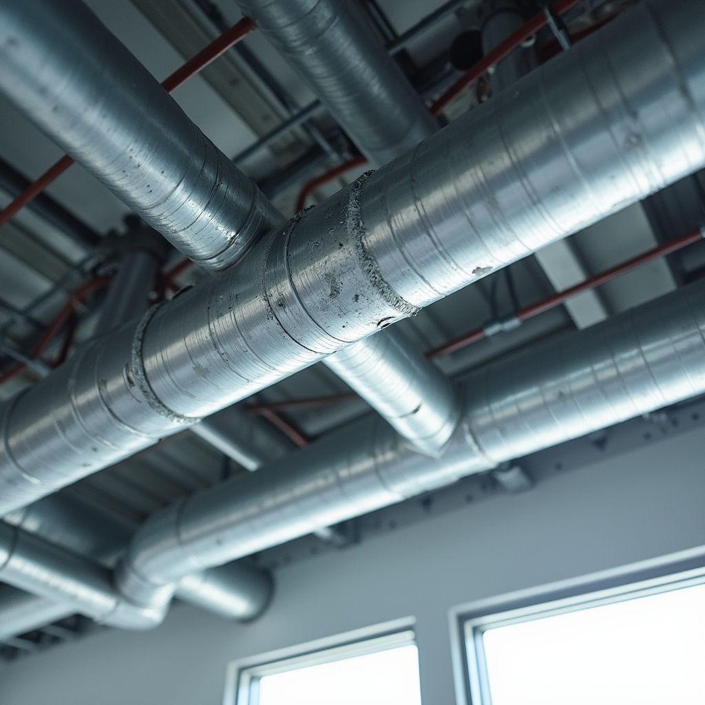 Silver metal pipes running across a ceiling. Red electrical lines are also visible.