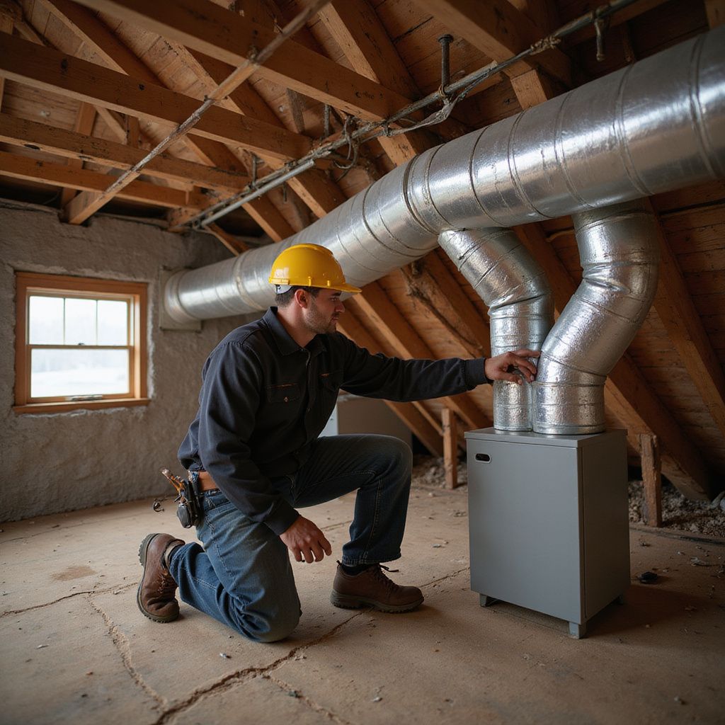 HVAC technician in a yellow hard hat inspects furnace and ductwork in an attic.