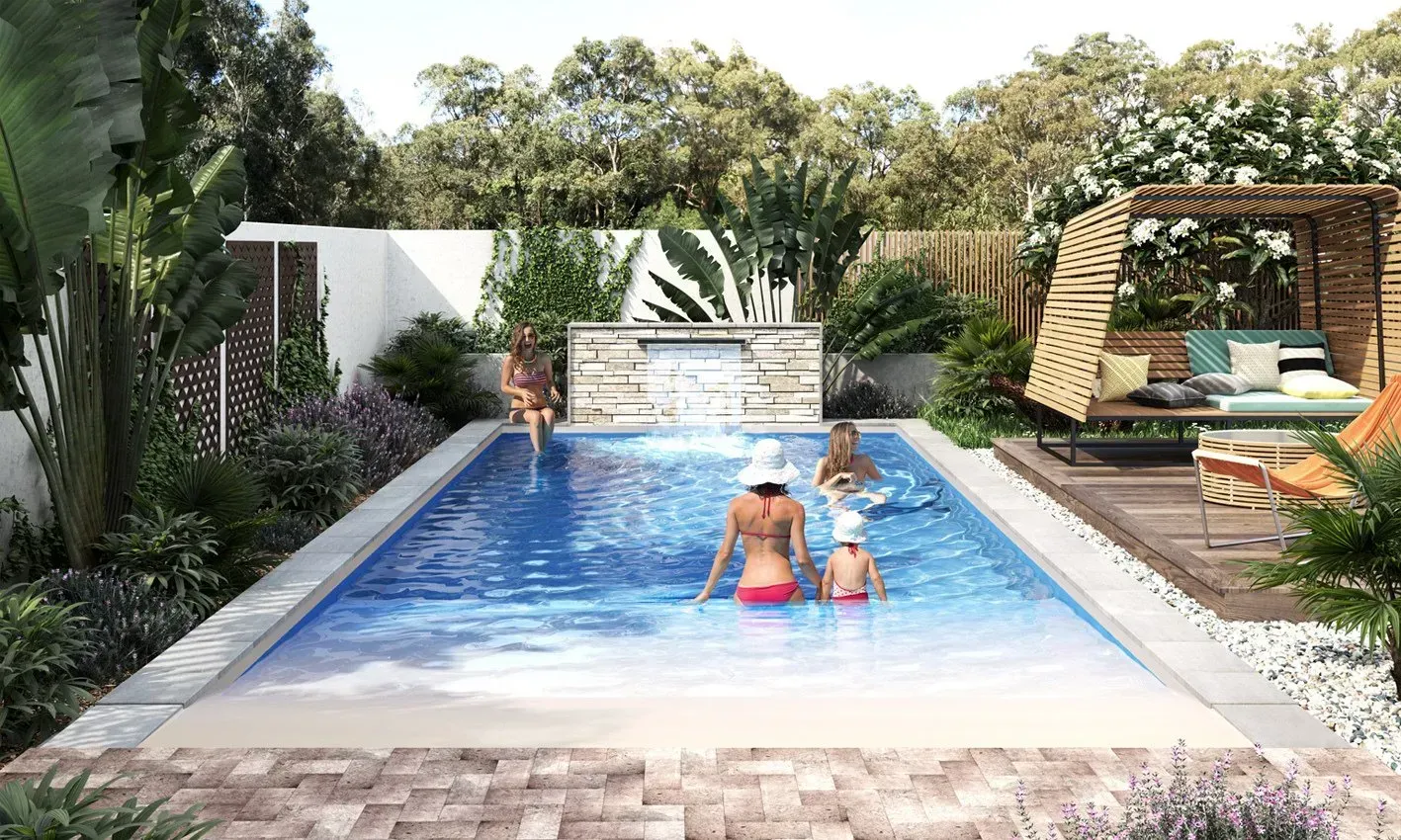 A group of people are swimming in a large swimming pool.