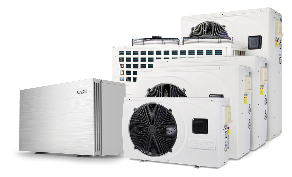 A group of white air conditioners are sitting next to each other on a white background.