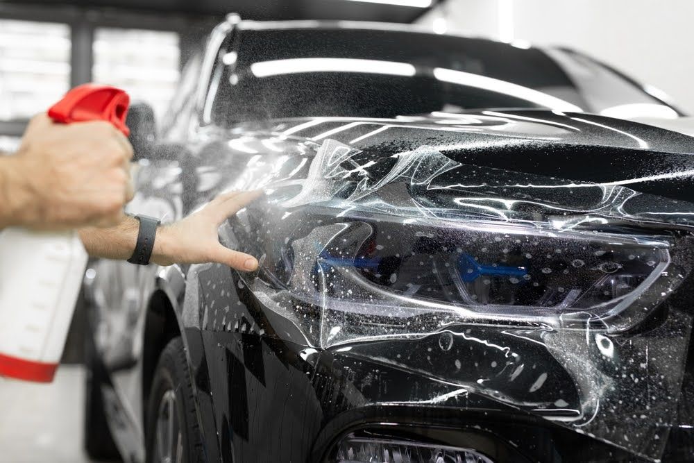 A professional applying PPF on the side of a car.