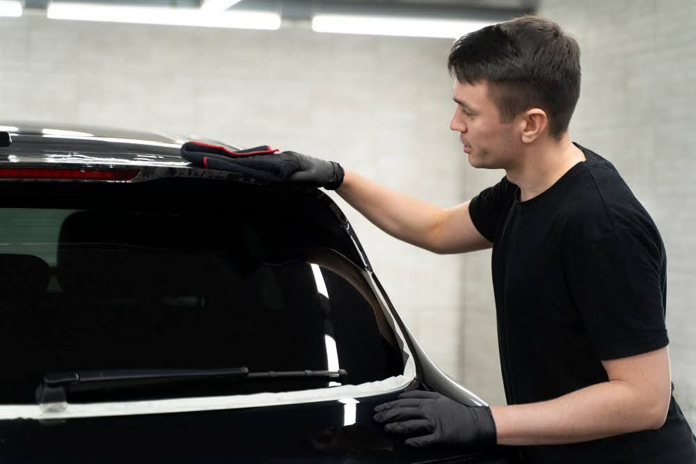 A technician fixing window tint bubbles on a car’s rear window.