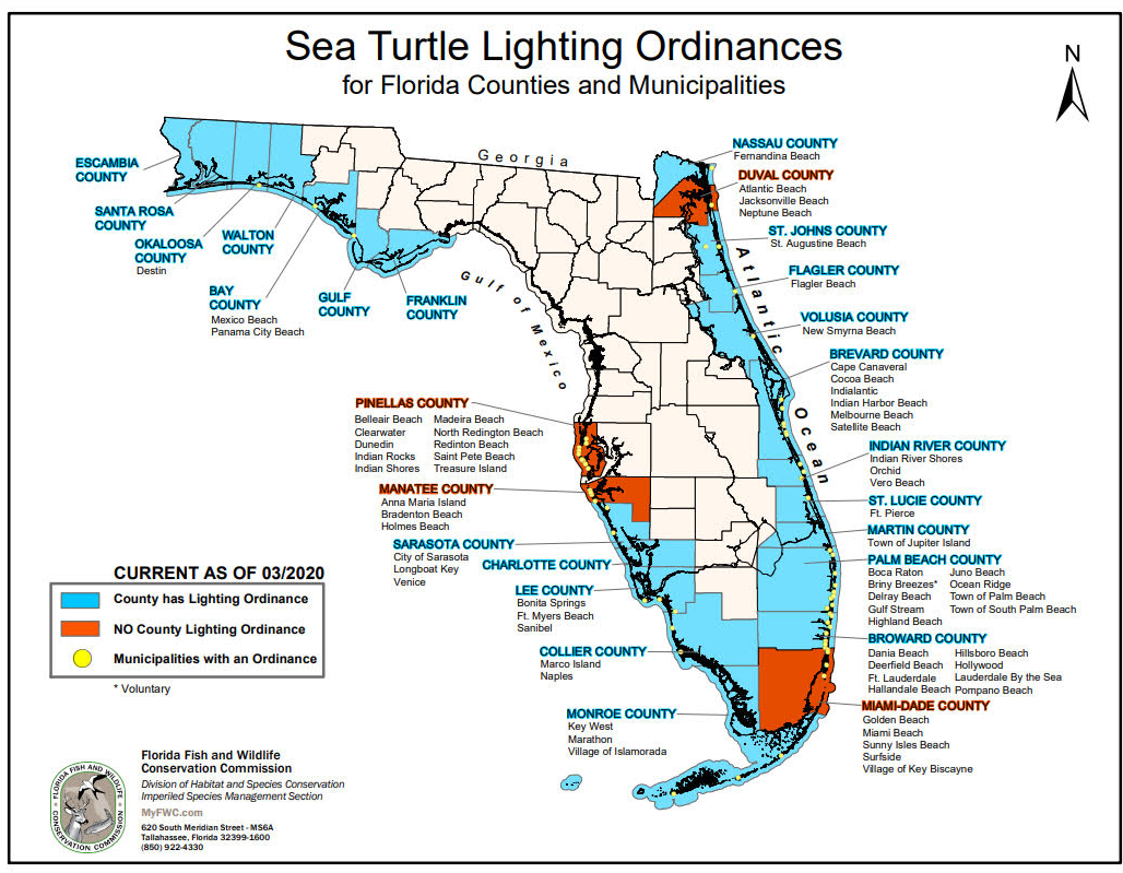 Sea turtle lighting ordinances map.