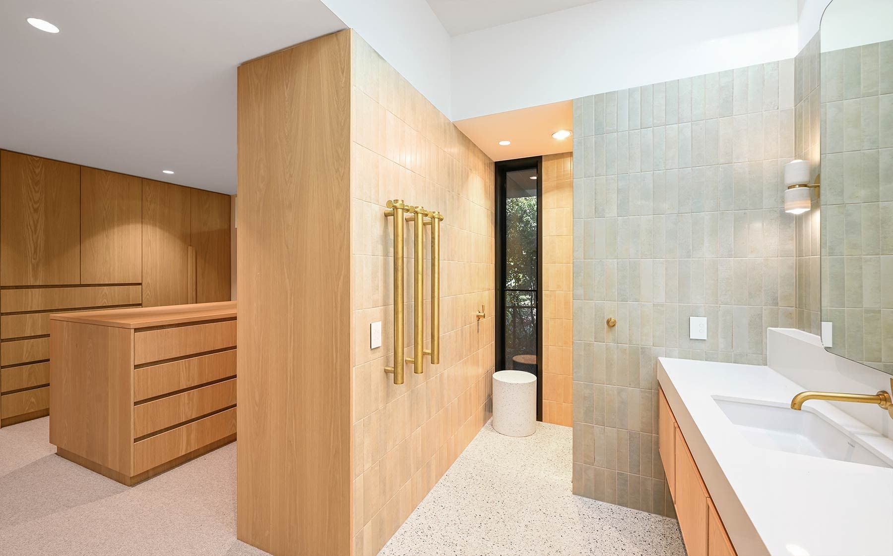Modern Bathroom With Wooden Accents — PK Kitchen Design in West Ipswich, QLD