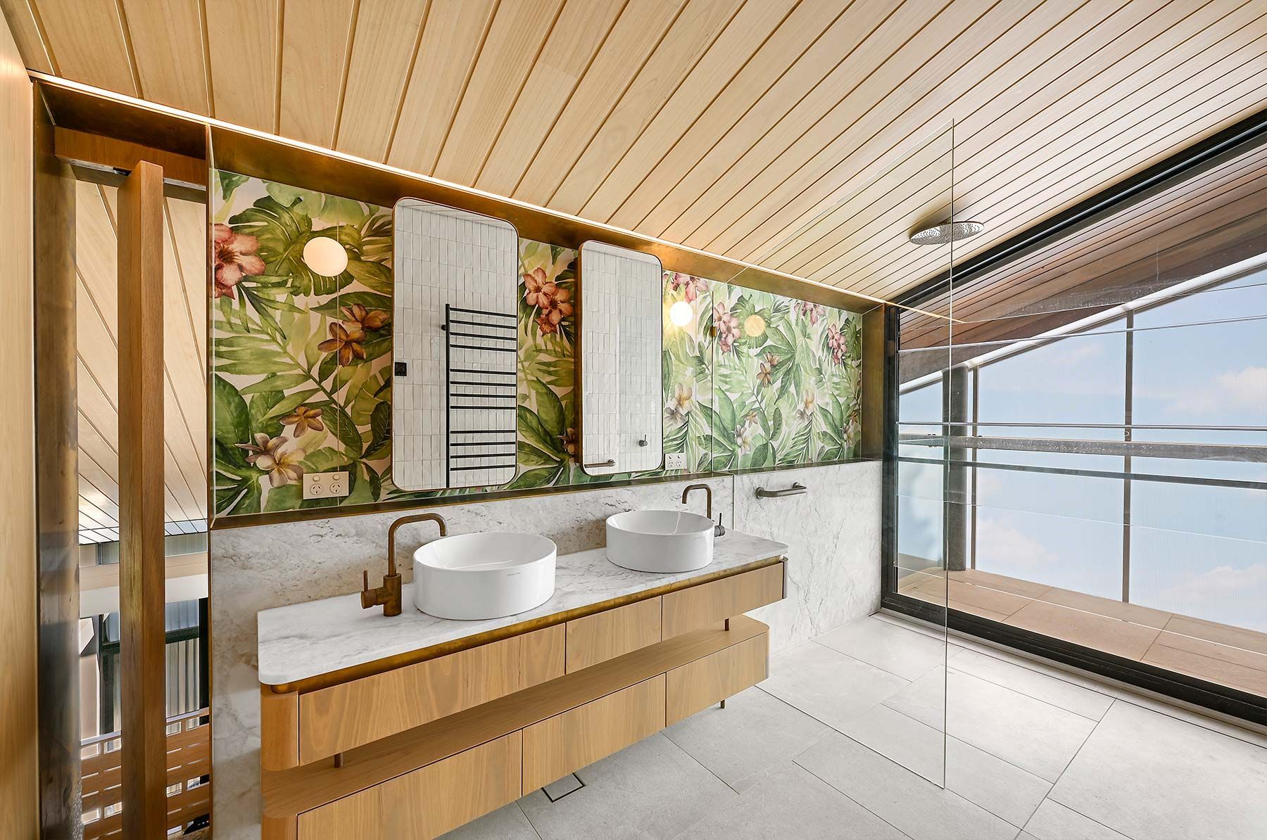 Modern Bathroom With Double Sinks, Floral Wallpaper — PK Kitchen Design in West Ipswich, QLD