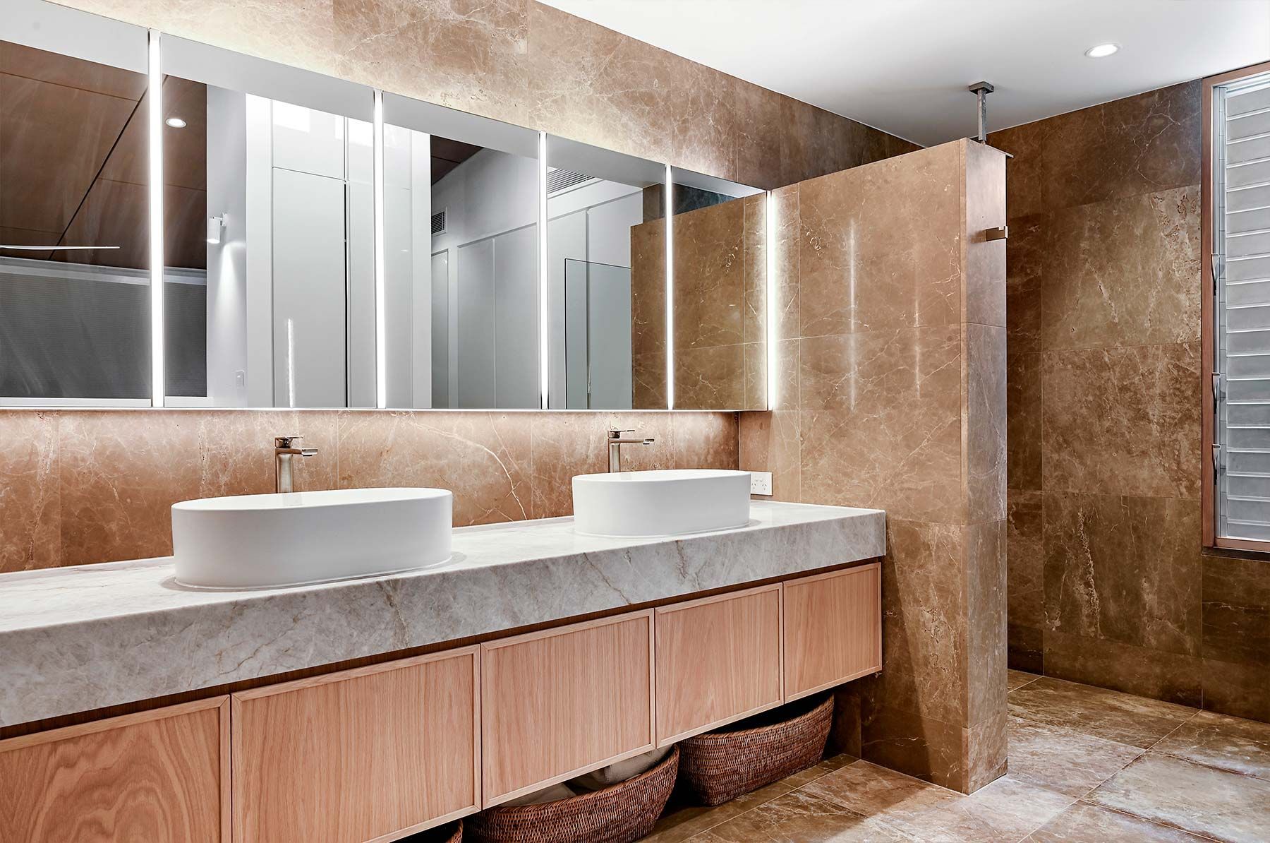 Modern Bathroom With Double Sinks, Light Wood Cabinetry — PK Kitchen Design in West Ipswich, QLD