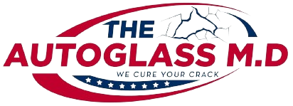 A red , white and blue logo for The Autoglass M.D.