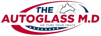 A red , white and blue logo for The Autoglass M.D.