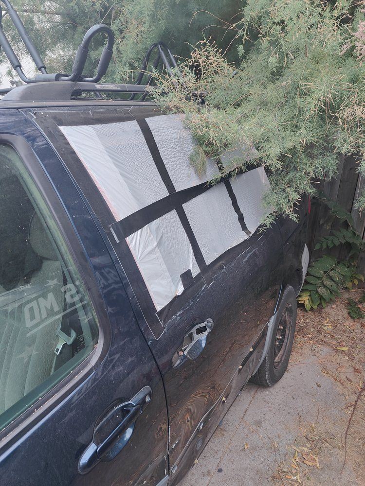 A black car is parked in a driveway next to a tree.