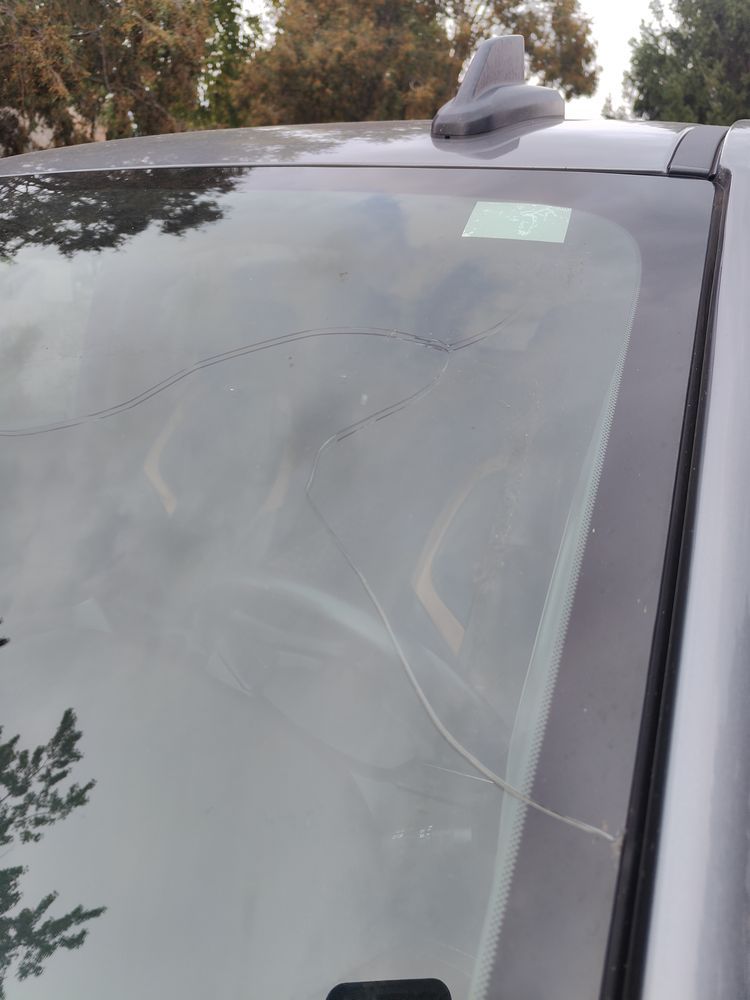 A close up of a car windshield with trees in the background