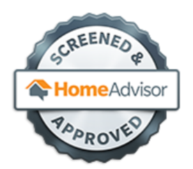 HomeAdvisor screened and approved logo, silver badge with text and house icon.
