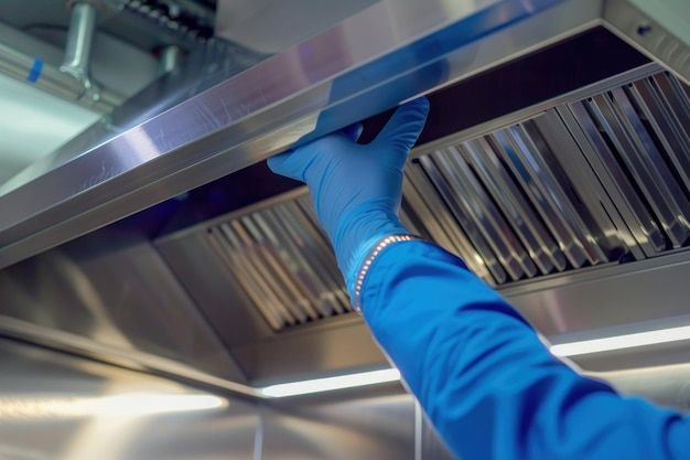 Person in blue gloves removing a filter from a stainless steel commercial kitchen hood.