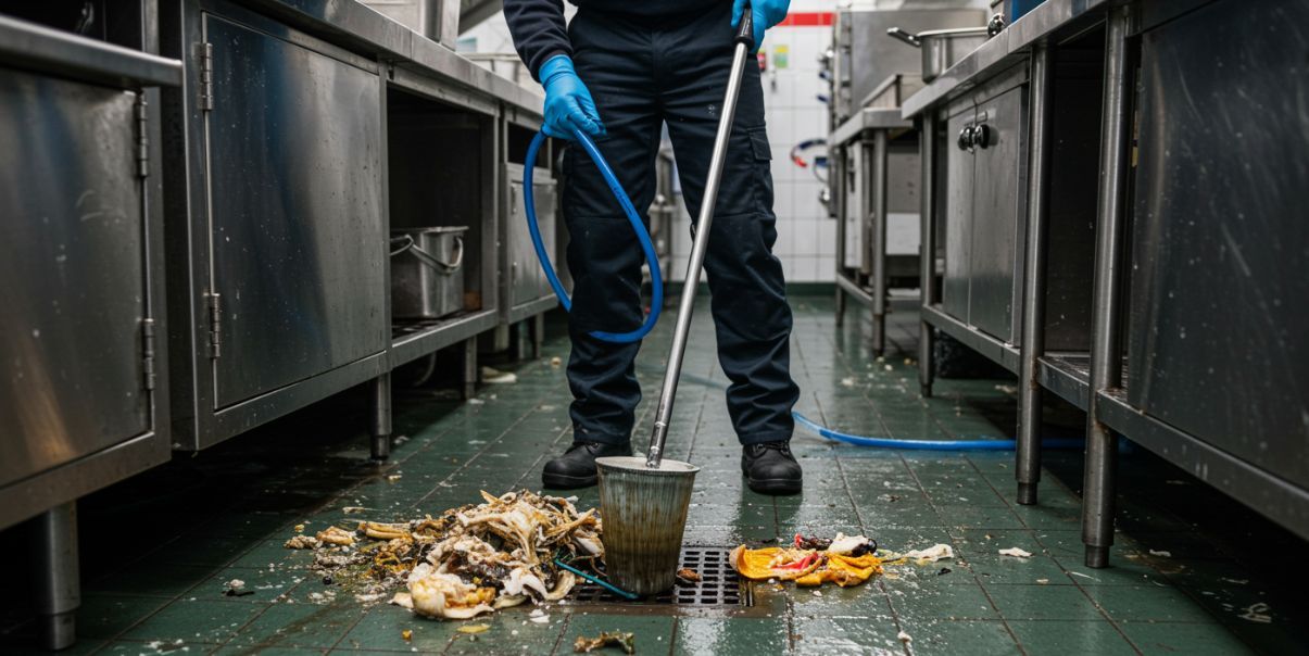 A person unclogs a drain in a commercial kitchen with a plunger and hose; food debris is on the floor.