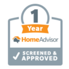 HomeAdvisor 1 Year Screened & Approved badge: gray and orange with a checkmark.
