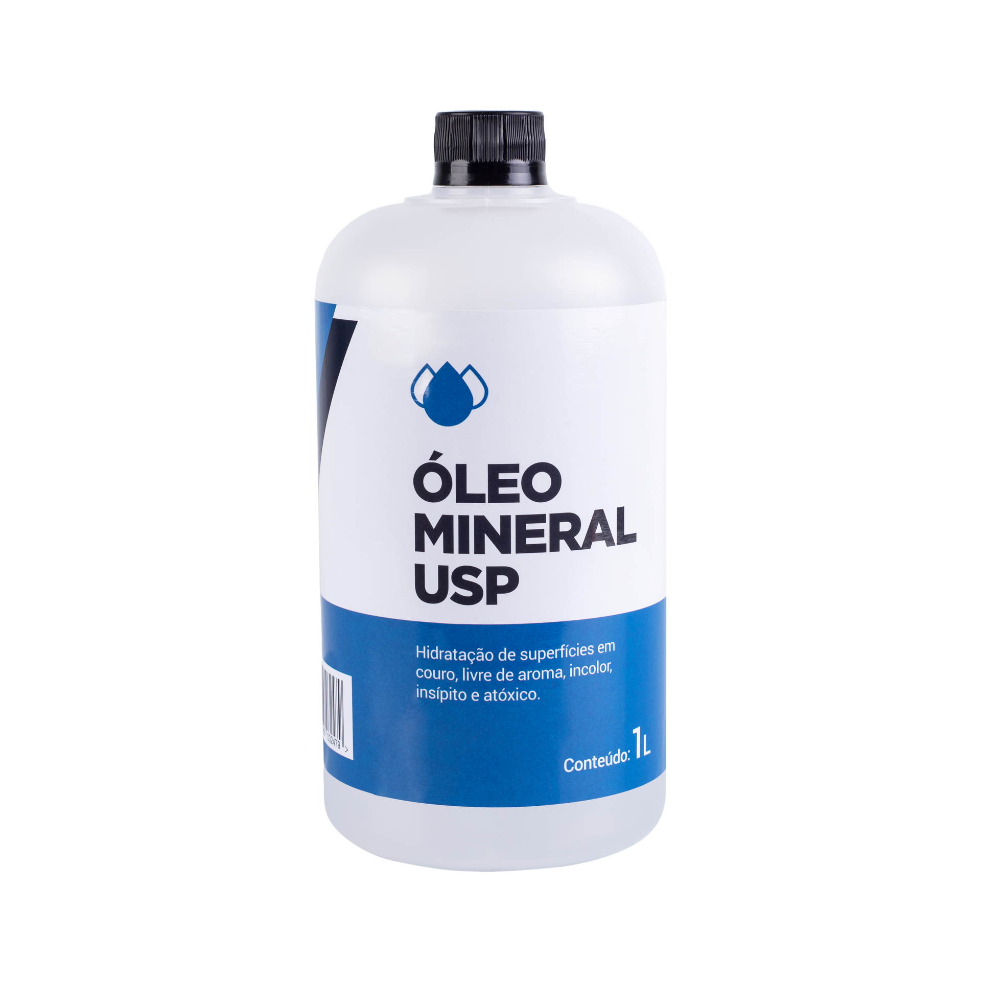 Uma garrafa de óleo mineral usp em um fundo branco