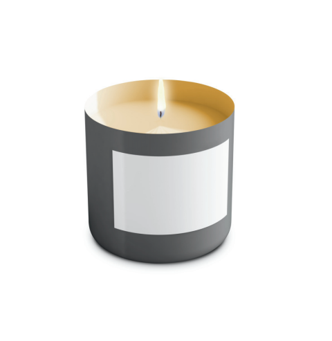 Uma vela preta com uma etiqueta branca