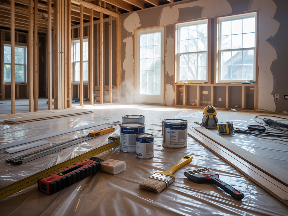 Renovation tools on a floor inside a bright unfinished room with exposed wall framing and large windows