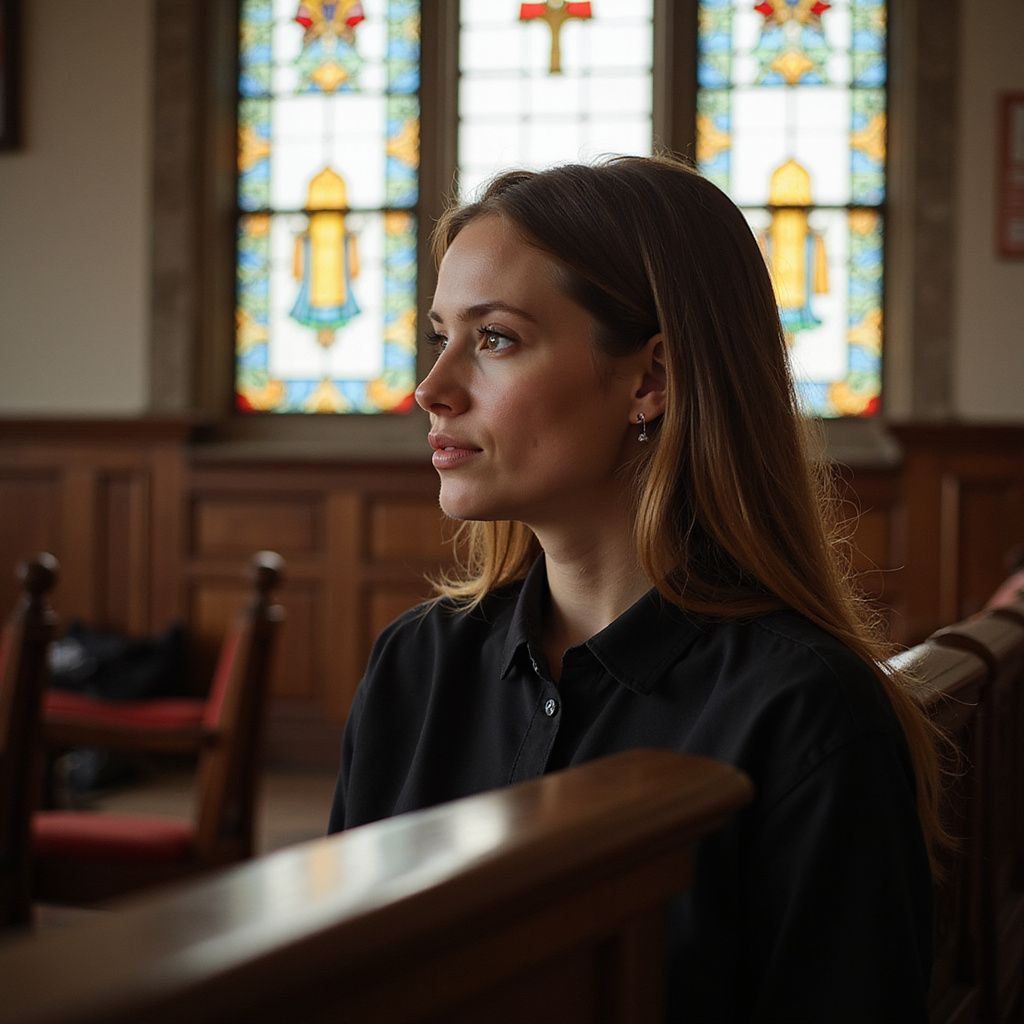 Woman in a black shirt looks towards stained glass window in a church.