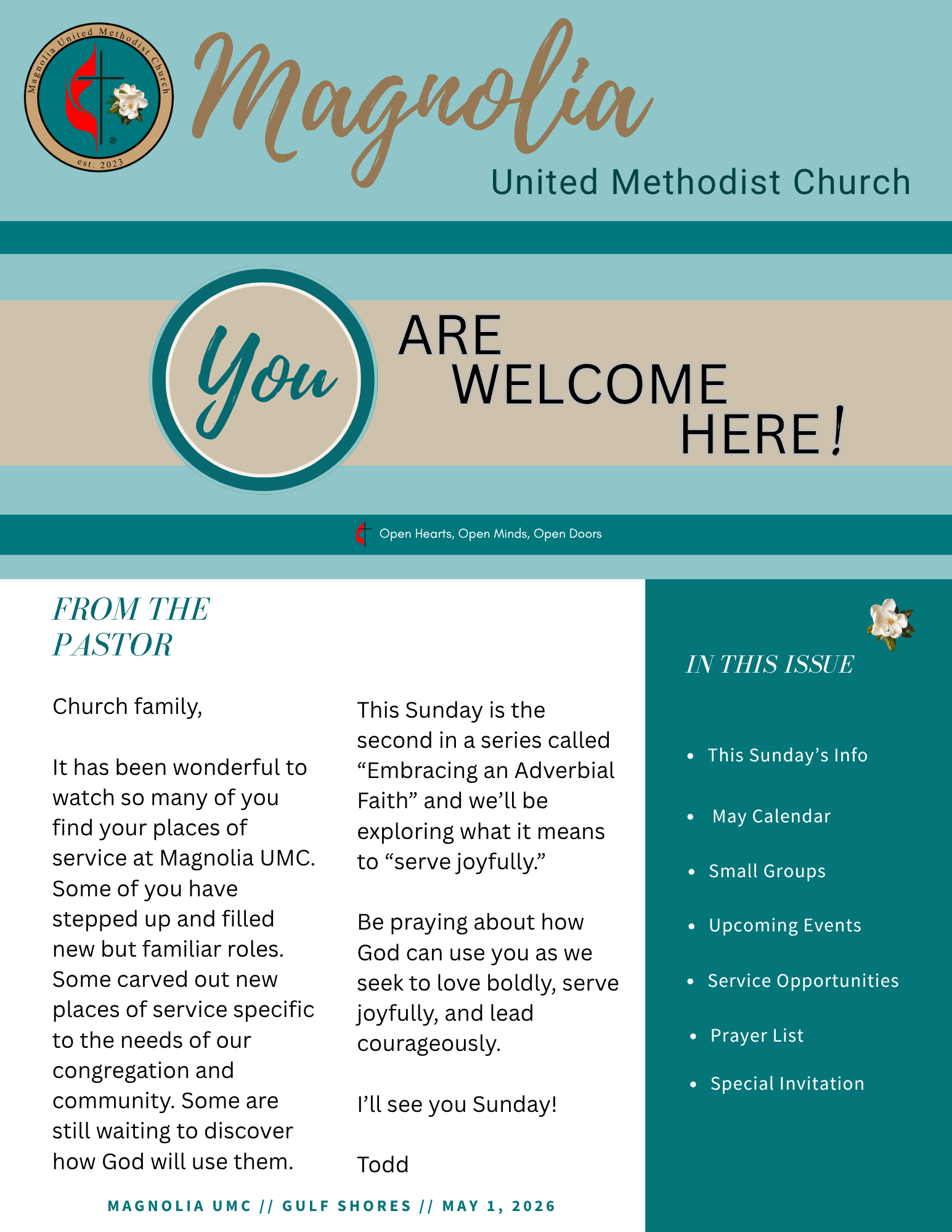 Church newsletter: Magnolia UMC, September 2025; upcoming events and service details.