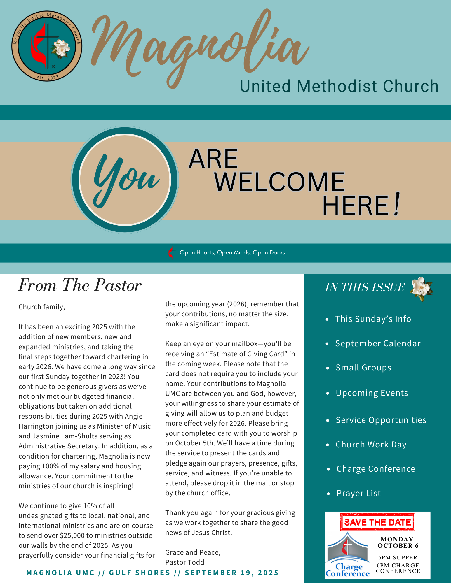 Church newsletter: Magnolia UMC, August 20, 2023; upcoming events and service details.