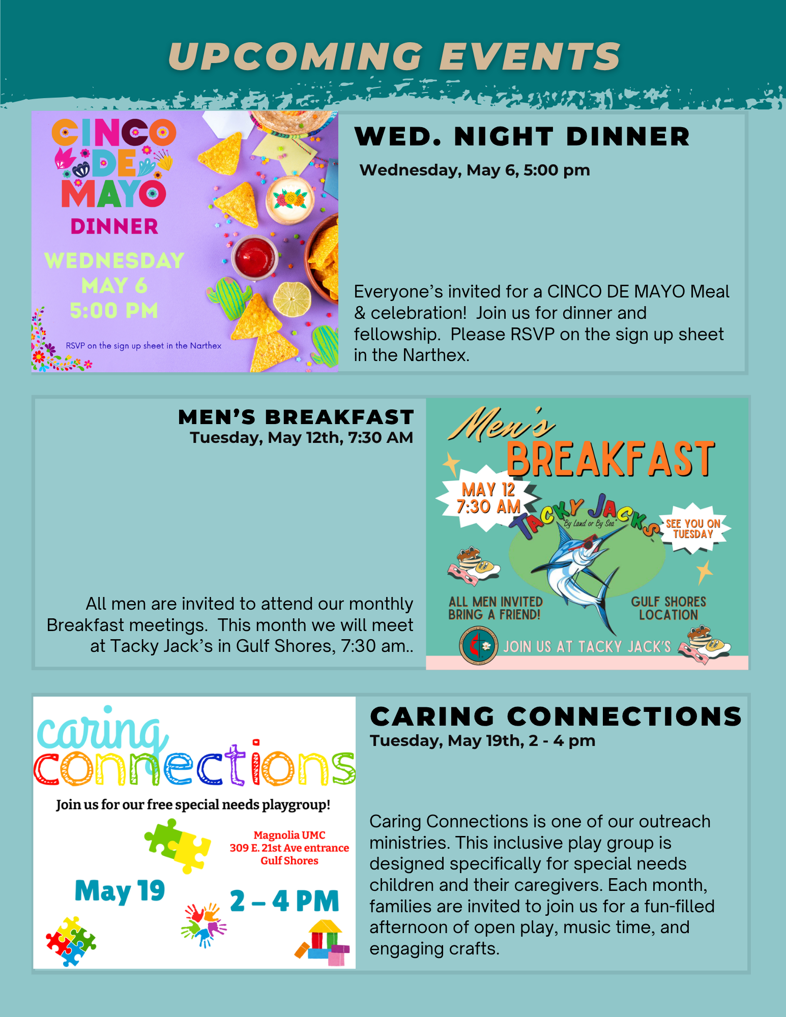 Church newsletter: Magnolia UMC, August 20, 2023; upcoming events and service details.