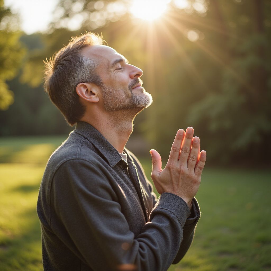 Man with eyes closed, hands clasped in prayer, bathed in sunlight in a park.